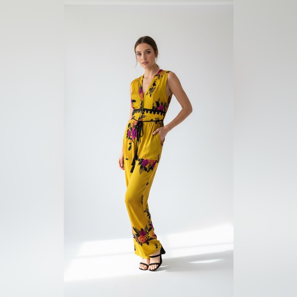 Anthropologie Mustard Yellow Floral Jumpsuit with Pink & Black Accents - Picture 7 of 7